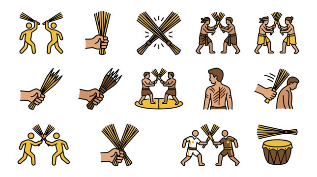Ancient Combat Sports Icons: Warriors Fighting with Sticks and Flogging