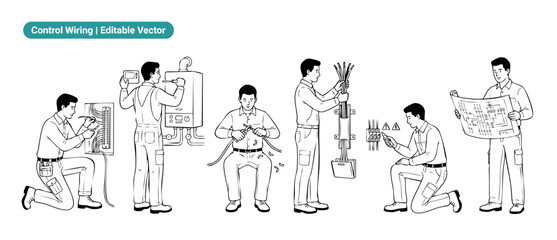 Obraz premium Electrician wiring technician vector illustration set featuring workers installing electrical control panels, servicing heating boiler HVAC systems, and reading blueprint schematics in line art style.