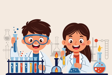 Fototapeta premium Two young children wearing white lab coats and goggles performing a fun chemistry experiment with colorful solutions in a science class.