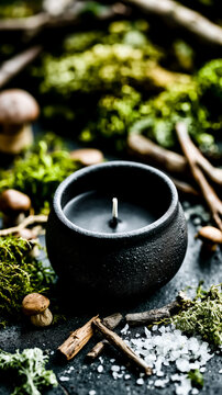 A black candle holder with a lit candle surrounded by various natural elements such as mushrooms twigs and herbs