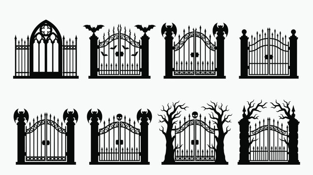 Set of eight black iron gates for halloween with spooky bats and scary trees silhouettes Vector