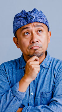 A man with a beard and mustache wearing a blue bandana is looking up and to the left with a thoughtful expression