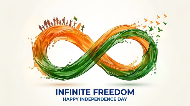 Artistic infinity symbol created with swirling orange and green liquid paint featuring silhouettes of people walking for Indian independence day