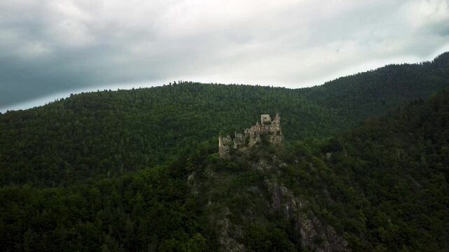 Star&yacute; hrad (Starhrad Castle) Ruins Surrounded by Forest Near Žilina, Slovakia &ndash; Drone View