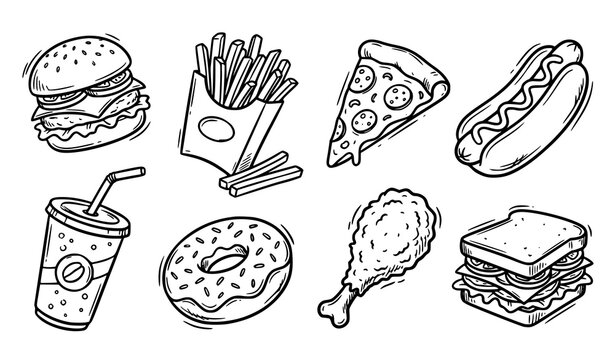 Fast Food Meal Collection with Burger, Fries, Pizza, Donut and Soft Drink Hand Drawn Illustration