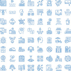 Fototapeta premium Set of diverse hand drawn line icons featuring concepts from business, technology, finance, health, environment, and social themes, offering a wide range of visual elements