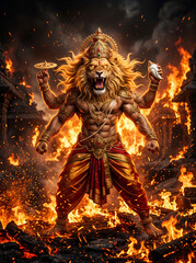 Fototapeta premium Lord Narasimha Standing in Ancient Temple with Divine Golden Aura, Hindu God Illustration