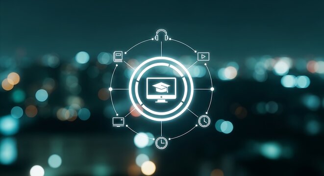 Online education concept with digital icons. E-learning platform for remote study.