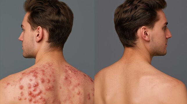 Before and After Body Acne Treatment Comparison, Clear Healthy Skin Recovery, Professional Dermatology Care Concept