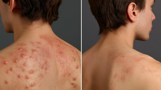 Before and After Body Acne Treatment Comparison, Clear Healthy Skin Recovery, Professional Dermatology Care Concept
