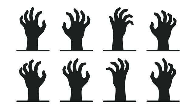 Set of black zombie hand silhouettes rising from the ground for scary halloween designs Vector
