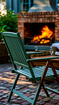 A green lawn chair is positioned in front of a brick fireplace with a fire burning inside