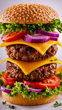 A large multi-layered burger with various toppings including cheese tomato onion lettuce and a sesame seed bun