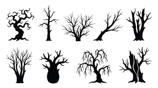 Set of black silhouettes of leafless trees without leaves for halloween design Vector