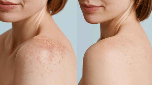 Before and After Body Acne Treatment Comparison, Clear Healthy Skin Recovery, Professional Dermatology Care Concept