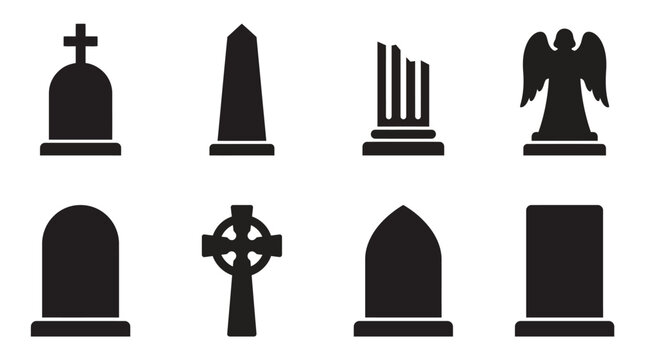 Set of black tombstone and gravestone icons for cemetery or graveyard design elements Vector