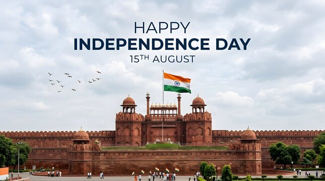 Indian national flag flying proudly over the historic red fort building during the sunny celebration of fifteenth august independence day