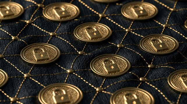 Stitched coin and lock pattern on black cyber fabric