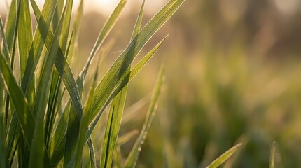 Naklejka premium Close-up of fresh green grass blades with soft golden sunlight filtering through, creating a warm, natural bokeh background ideal for nature and environmental concepts.