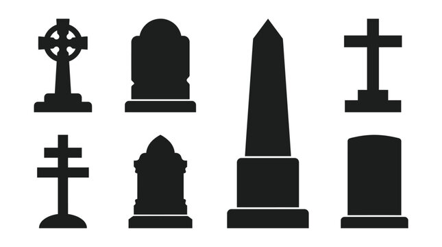 Set of black tombstone and grave marker icons for halloween and cemetery design projects Vector