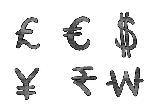 Hand drawn dollar, won, ruppee, pound, yen, and euro currency symbols on a transparent background, ideal for finance, banking, business, investment, budgeting, shopping, pricing