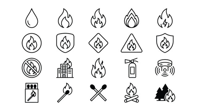 Black and white line icons of fire safety signs and symbols  firefighting equipment