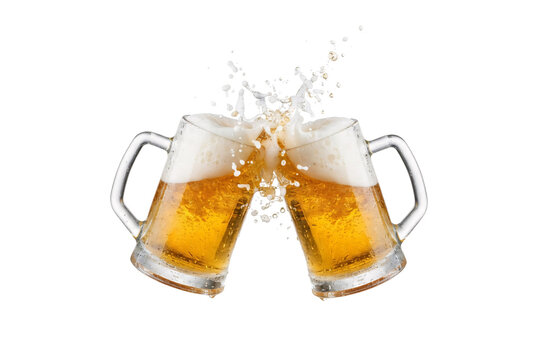 Two glass mugs filled with golden beer clinking together, creating a refreshing splash with foam, symbolizing celebration and fun.