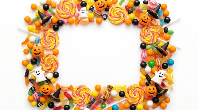 Colorful Halloween candy assortment arranged in a festive frame with lollipops, chocolates, and ghost marshmallows on white