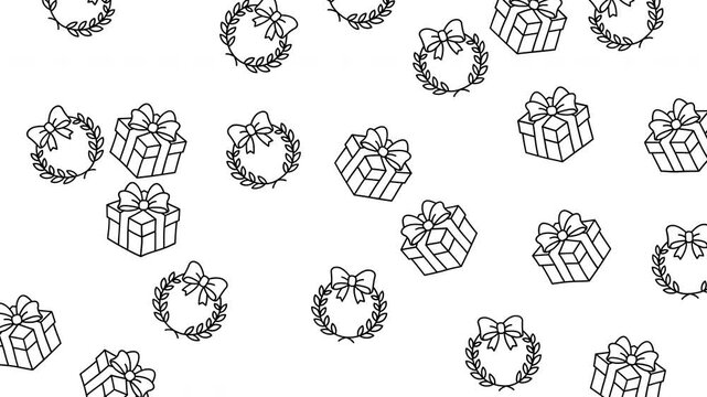Christmas presents, bows, holiday wreaths in simple black and white line art icons. Suitable for holiday designs and patterns.