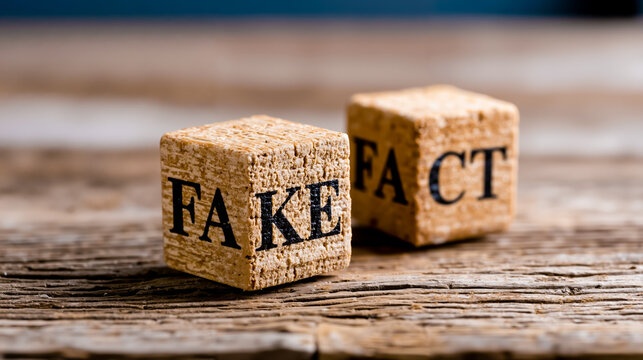 Two cork blocks with the words FAKE FACT written on them