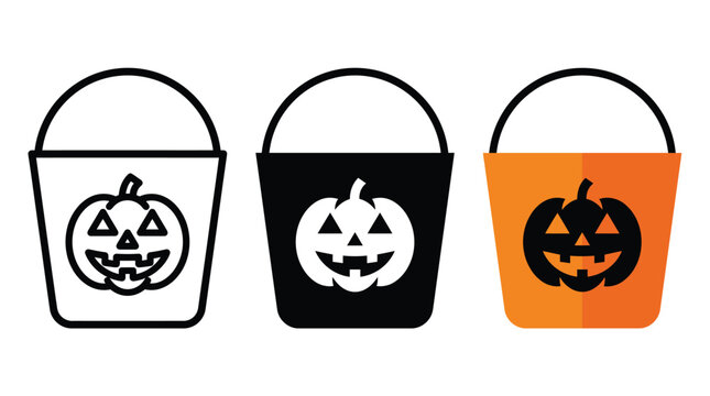 Three halloween trick or treat buckets with pumpkin faces in different graphic styles Vector