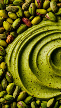 A close-up photograph of a green substance possibly guacamole with a swirled pattern surrounded by whole green avocados
