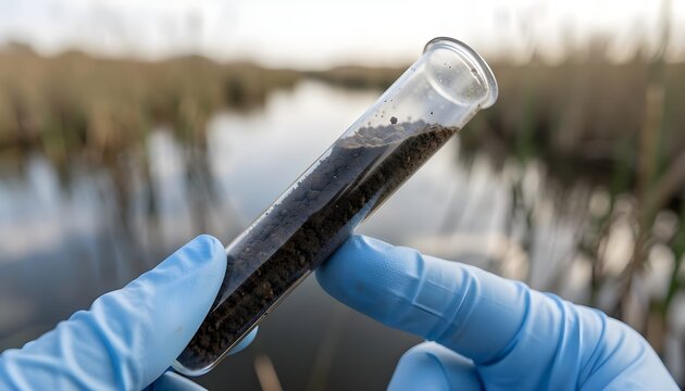 A gloved hand holds a test tube filled with soil, with a blurred wetland background indicating environmental soil analysis.