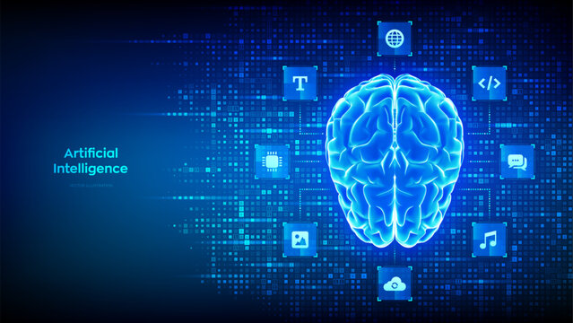 Artificial intelligence concept with digital brain connected to text, code, images, music, cloud computing and multimodal generative AI technologies for intelligent automation. Vector illustration.