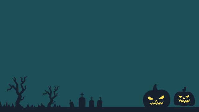 Seamless looping background animation of a spooky cemetery silhouette with swaying jack o lanterns, bare trees, and tombstones with wide dark teal night sky text copy space. Flat style design