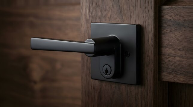 Modern matte black lever handle with lock installed on wooden door frame.