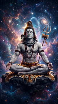 Lord Shiva Silhouette Under Moonlit Sky with Trident, Divine Hindu God Spiritual Illustration
