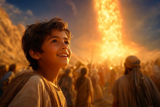 Dynamic Pillar of Fire Guiding Israelite Camp by Night, a Moment of Divine Exodus Guidance.