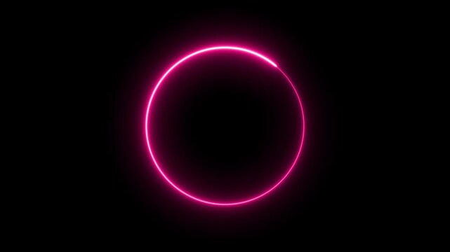 Seamless loop animation circle picture frame with pink neon color 4K video motion graphic on black background. Futuristic light effect for overlay element. flickering neon border frame animation. 4k