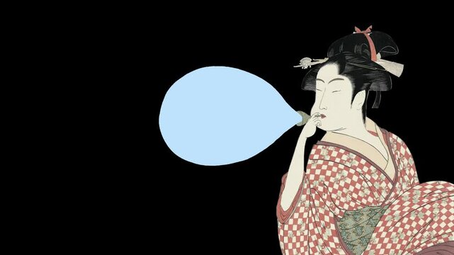 浮世絵の吹き出しアニメーション　ビードロを吹く女　背景透過