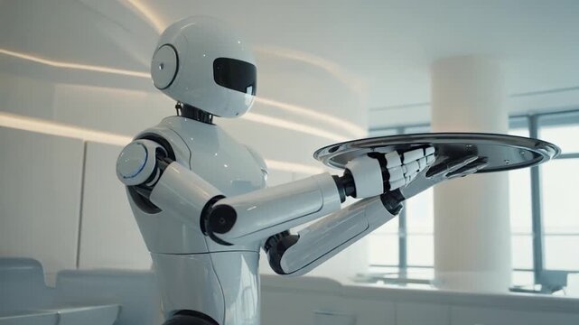 A white robot with glowing blue eyes holds a silver tray in a bright modern interior with sleek lines