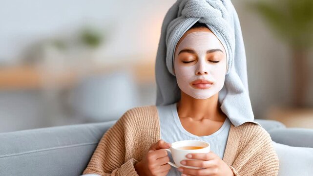 Woman enjoys tea while relaxing at home in loungewear with a face mask Generative AI