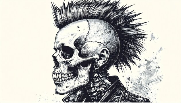 Human skull with a spiked mohawk, capturing punk rock style and rebellious attitude. Sketch engraving in scratchboard imitation, black and white illustration	
