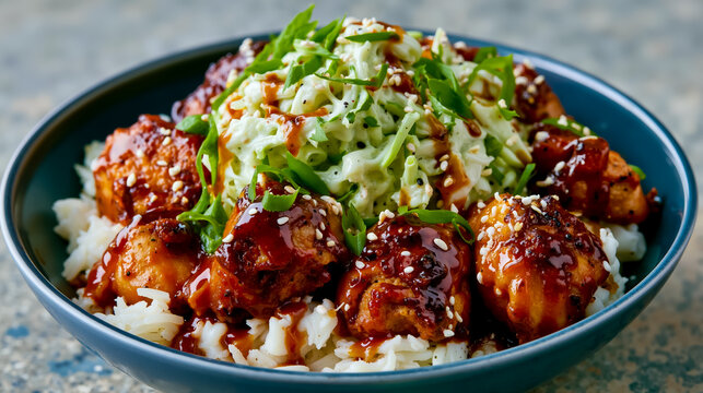 A blue bowl filled with a colorful meal of rice meat and salad