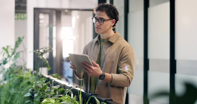 Man, thinking and tablet in office with sustainability audit, review carbon footprint and research. Person, scroll and tech in business with glasses, environmental impact report and problem solving.