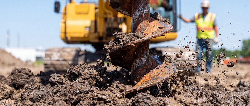 Rusty drill bit in muddy construction site with worker with construction worker yellow excavator background sunny day covered mud construction close large rusty