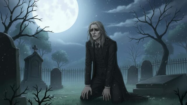 Pale vampire man kneeling in misty graveyard under full moon at night, dark gothic fantasy, Halloween horror, spooky cemetery. Halloween.