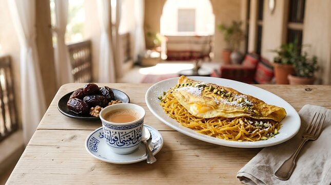 balaleet on oval white plate, positioned in the upper right third on a light breakfast wood table