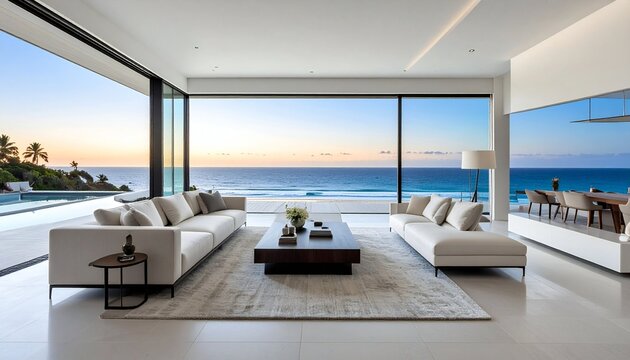 Luxury beach house living room, modern architecture, ocean front property landscape. Sleek contemporary designer furniture, minimalist deco interior, large window, panoramic coastal view background