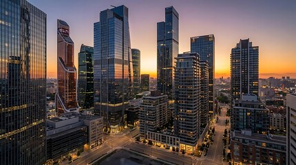 Fototapeta premium Modern city skyline at dusk with sunset light.
